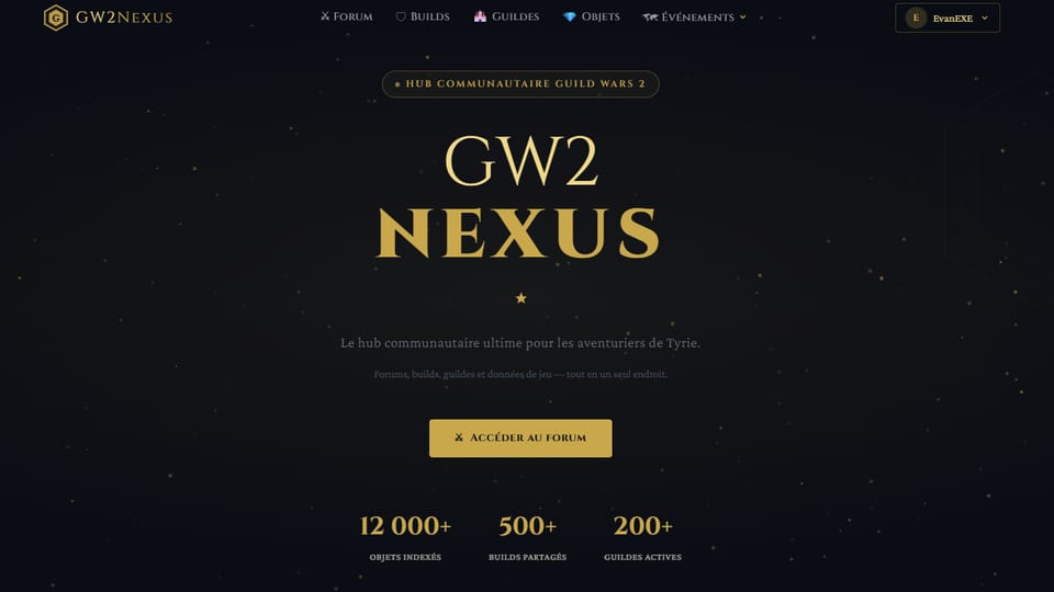 Page d’accueil de GW2 Nexus : le titre du site sur un fond sombre étoilé, un bouton d’accès au forum, et trois compteurs annonçant 12 000 objets indexés, 500 builds partagés et 200 guildes actives.